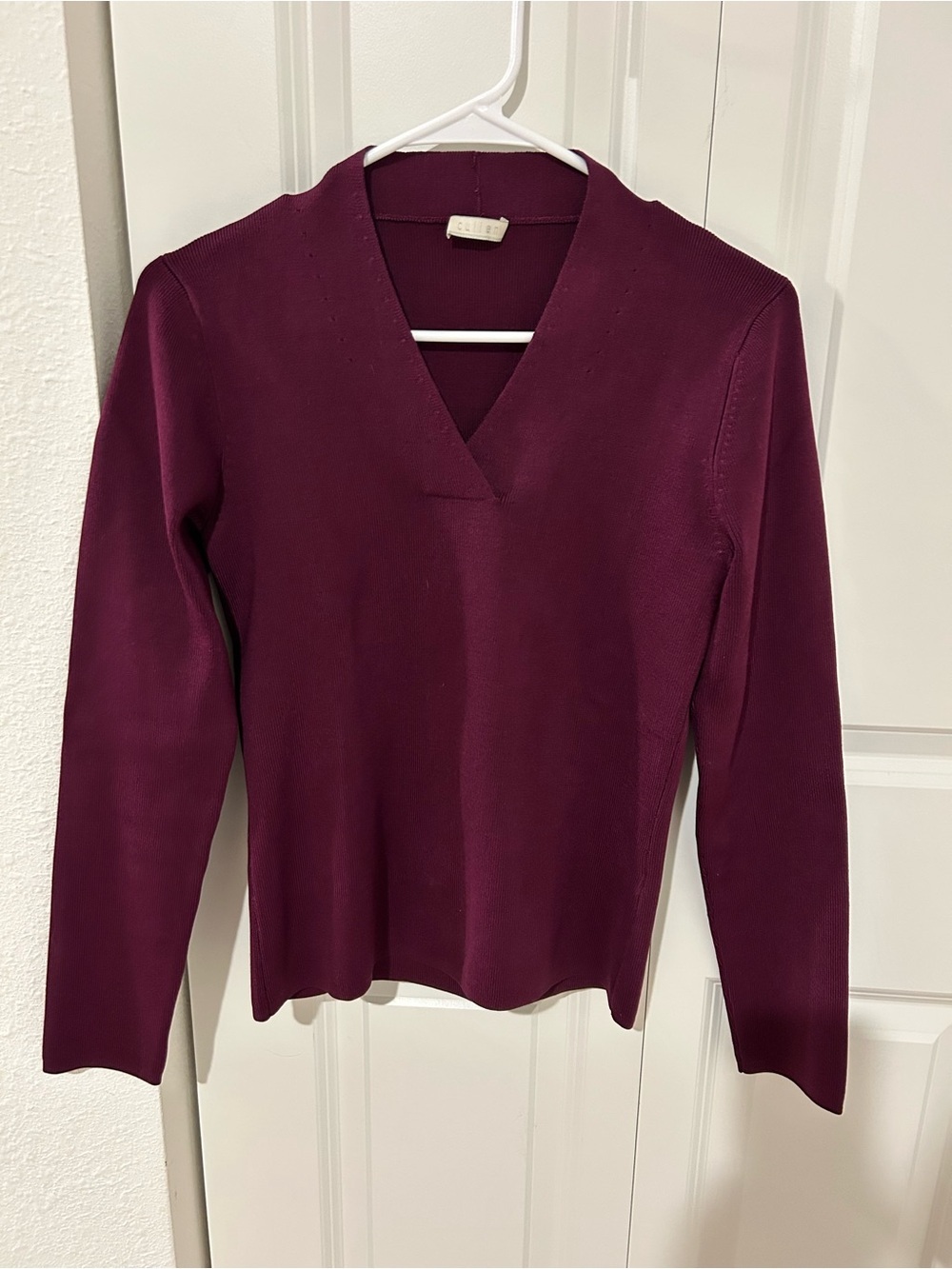 Cullen Burgundy Ribbed Silk Blend Knit Top Split V-Neck